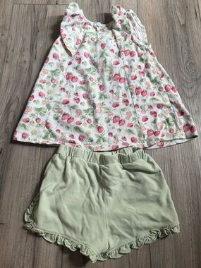 Max Studio Girls Strawberry Print Tank Top and Light Green Ruffle Shorts Set